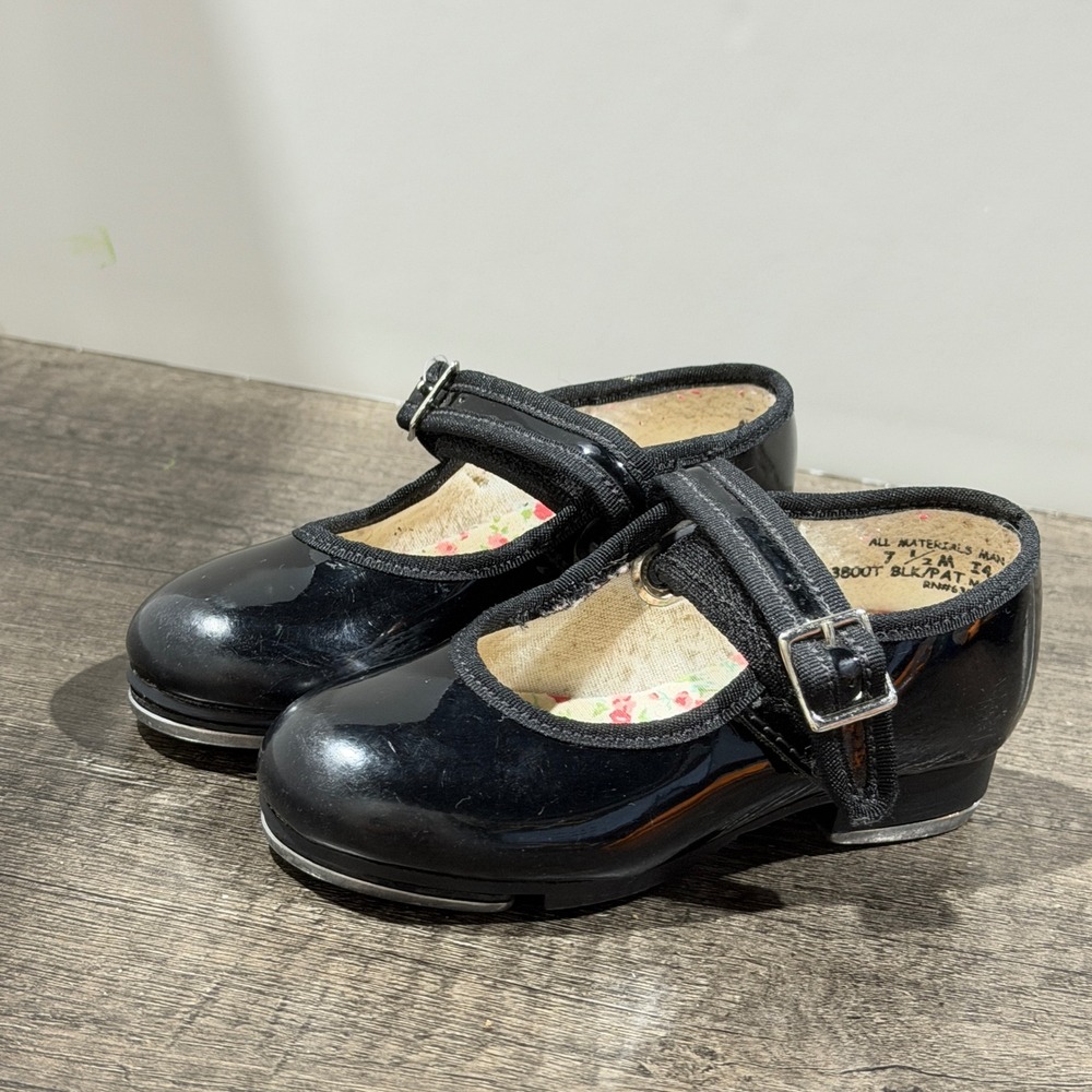 Capezio Tap Shoes Girls 7.5 Toddler Black Patent Mary Jane Tele Tone Dance GUC